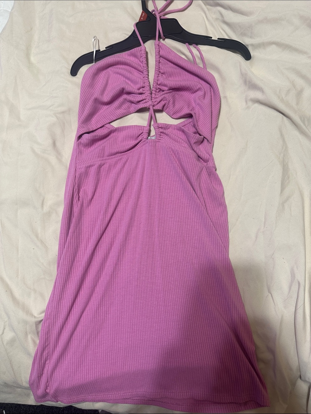 Sleeve-Free Pink Halter Cutout Ribbed Mini Dress